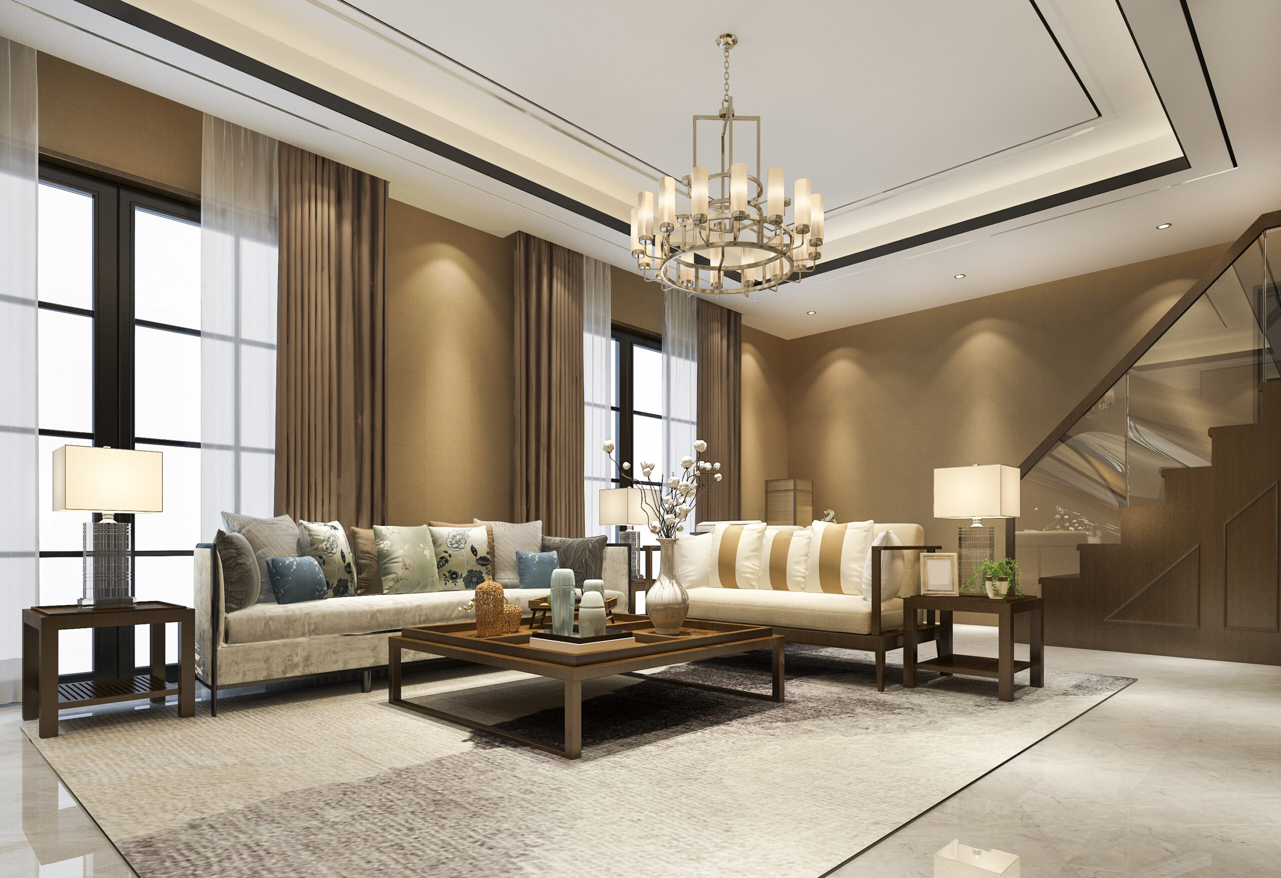 A cozy living room in Denver with layered interior lighting, including a central chandelier, floor lamps, and dimmable LED lights.