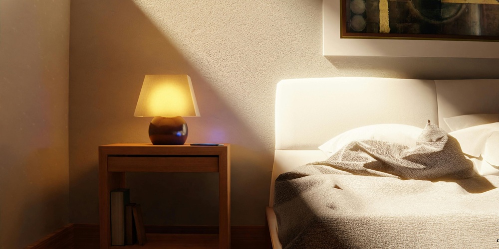 Warm bedroom interior with bedside wooden table, glowing night lamp, soft blanket, and modern wall art, creating a cozy, minimalist, and relaxing home decor ambiance.