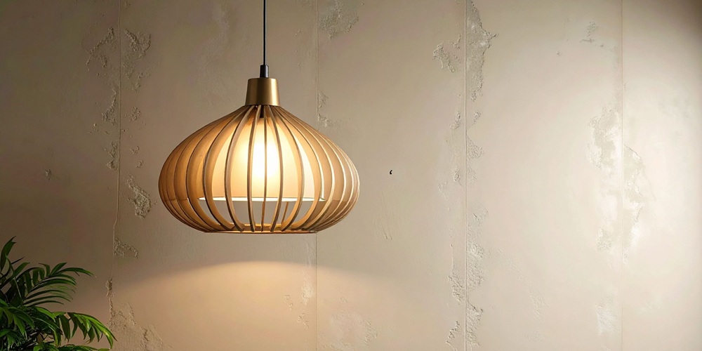 Scandinavian wood slat pendant light, natural finish, warm ambient glow, modern Nordic interior design, decorative ceiling fixture near indoor plant.