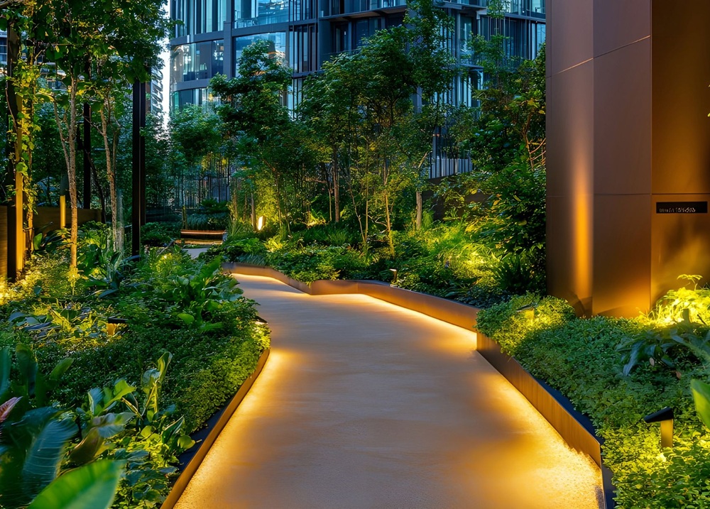 Curved illuminated pathway showing how to change landscape lights and maintain safe, attractive garden lights.