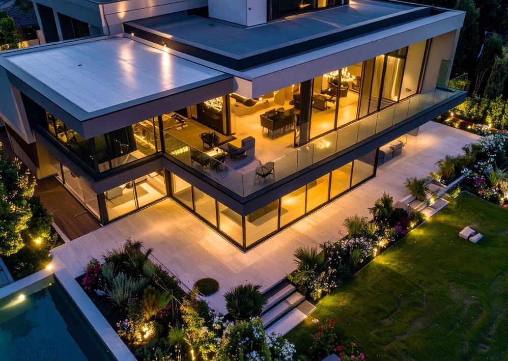 Modern home exterior with landscape lights replacement ideas and a smart landscape light schedule.